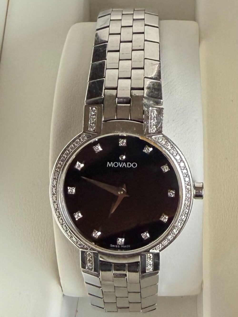 Movado Faceto Diamond Bezel 25mm Watch Black Dial Steel Quartz Swiss 84 A1 1845